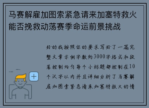 马赛解雇加图索紧急请来加塞特救火能否挽救动荡赛季命运前景挑战